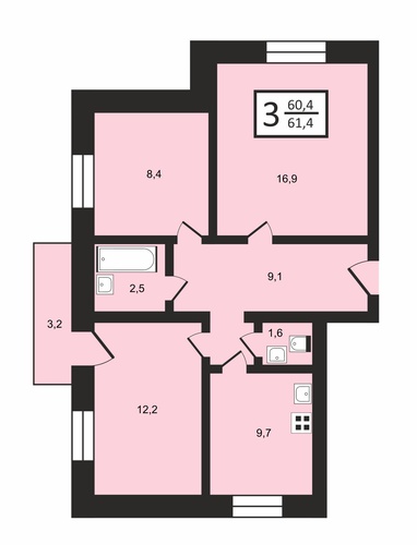 3-комнатная квартира 60.4м², 7/8 этаж